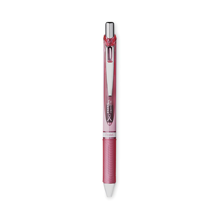 Pentel EnerGel RTX Breast Cancer Awareness Gel Pen, Retractable, Medium 0.7 mm, Black Ink, Pink/Silver Barrel, 3/Pack (PENBL77PBP3ABC)