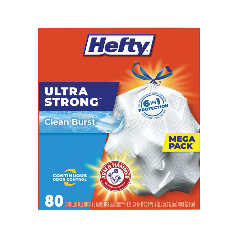 Hefty Ultra Strong Scented Tall Kitchen Bags, Drawstring, 13 gal, Clean Burst, 24.75" x 24.88", White, 80 Bags/Box, 3 Boxes/Carton (PCTE88356CT)