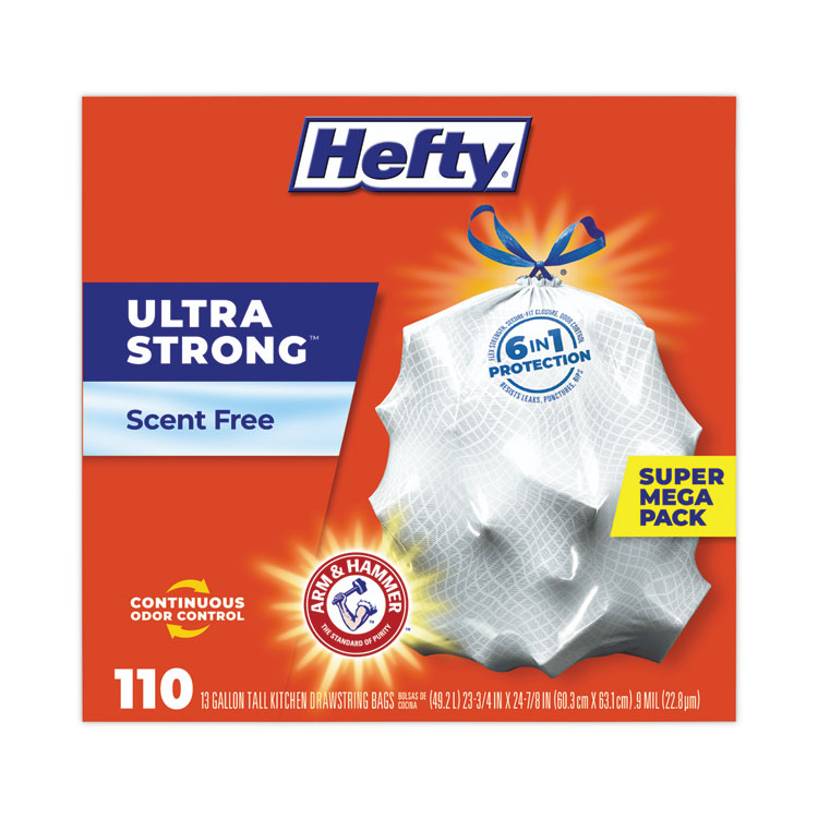 Hefty Ultra Strong Tall Kitchen Trash Bags, Drawstring, 13 gal, 23.75" x 24.88", White, 110 Bags/Box, 3 Boxes/Carton (PCTE88368CT)