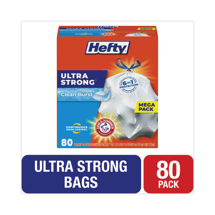 Hefty Extra Heavy-Duty Ultra Strong Scented Tall Kitchen Bags, Drawstring, 13 gal, Clean Burst, 23.75" x 24.88", White, 80/Box (PCTE88356)