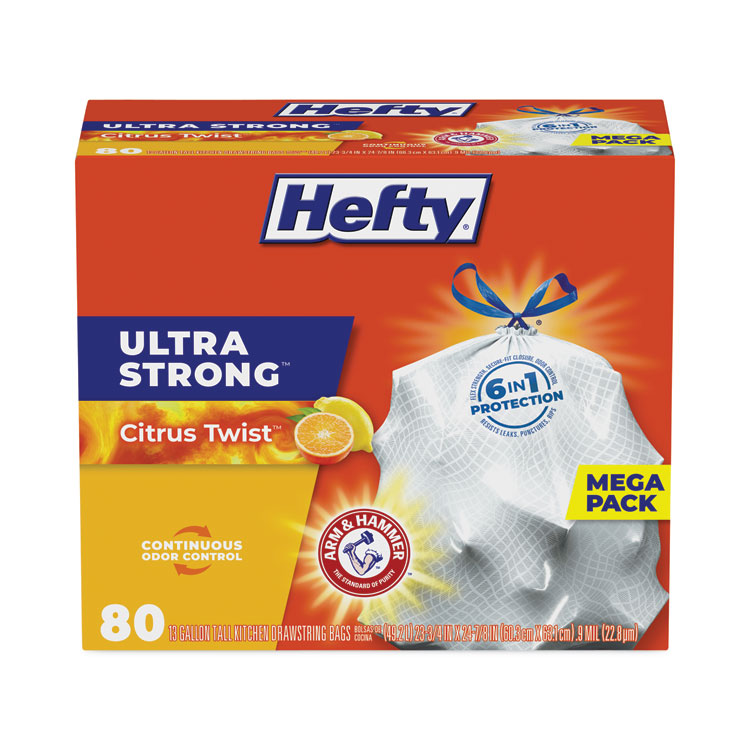 Hefty Ultra Strong Scented Tall Kitchen Bags, Drawstring, 13 gal, Citrus Twist, 23.75" x 24.88", White, 80 Bags/Box, 3 Boxes/Carton (PCTE88354CT)