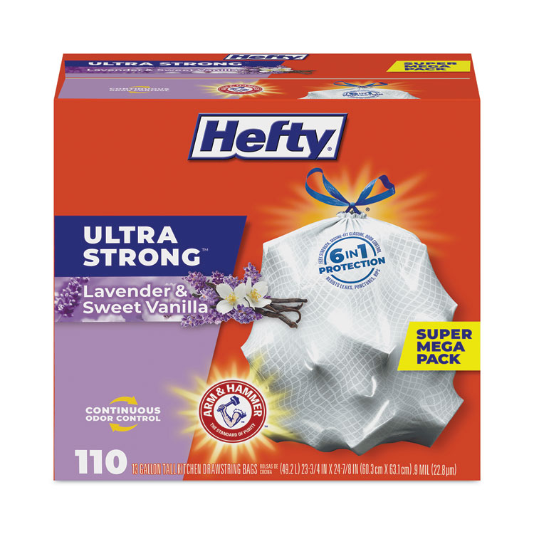 Hefty Ultra Strong Scented Tall Kitchen Bags, Drawstring, 13 gal, Lavender/Vanilla, 23.75" x 24.88", White, 110/Box, 3 Boxes/Carton (PCTE88366CT)