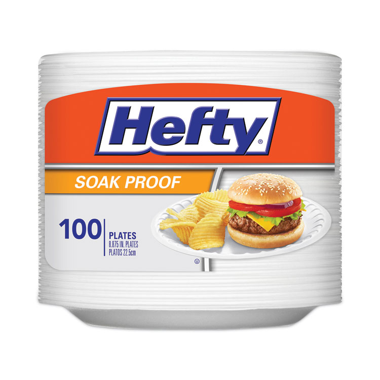 Hefty Soak Proof Tableware, Plate, Foam, 8.88" dia, White, 100/Pack, 6 Packs/Carton (RFPD28100CT)