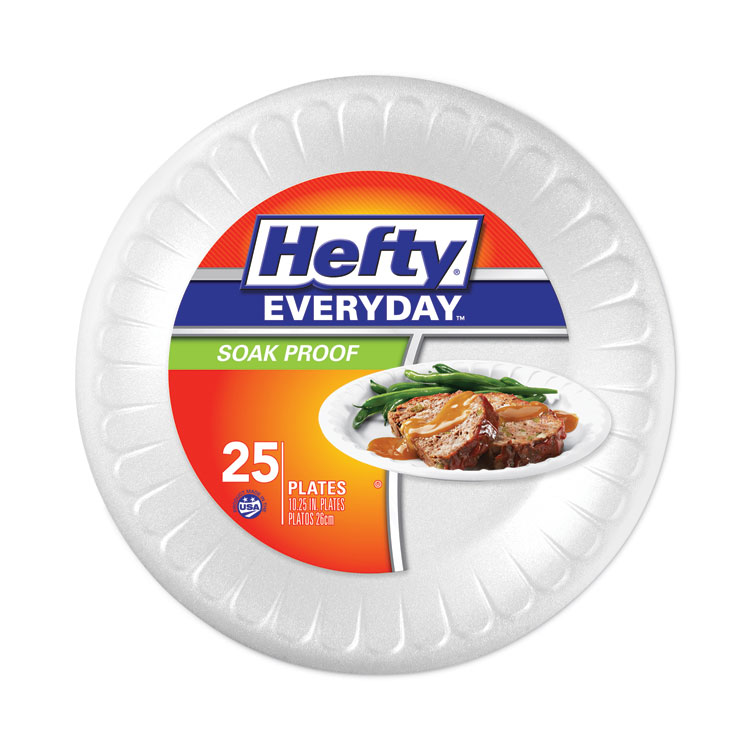 Hefty Soak Proof Tableware, Plate, Foam, 10.25" dia, White, 25/Pack, 10 Packs/Carton (RFPD21029CT)