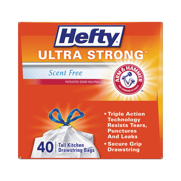 Hefty Extra Heavy-Duty Ultra Strong Tall Kitchen Trash Bags, Drawstring, 13 gal, 23.75" x 24.88", White, 40 Bags/Box, 6 Boxes/CT (RFPE88338CT)