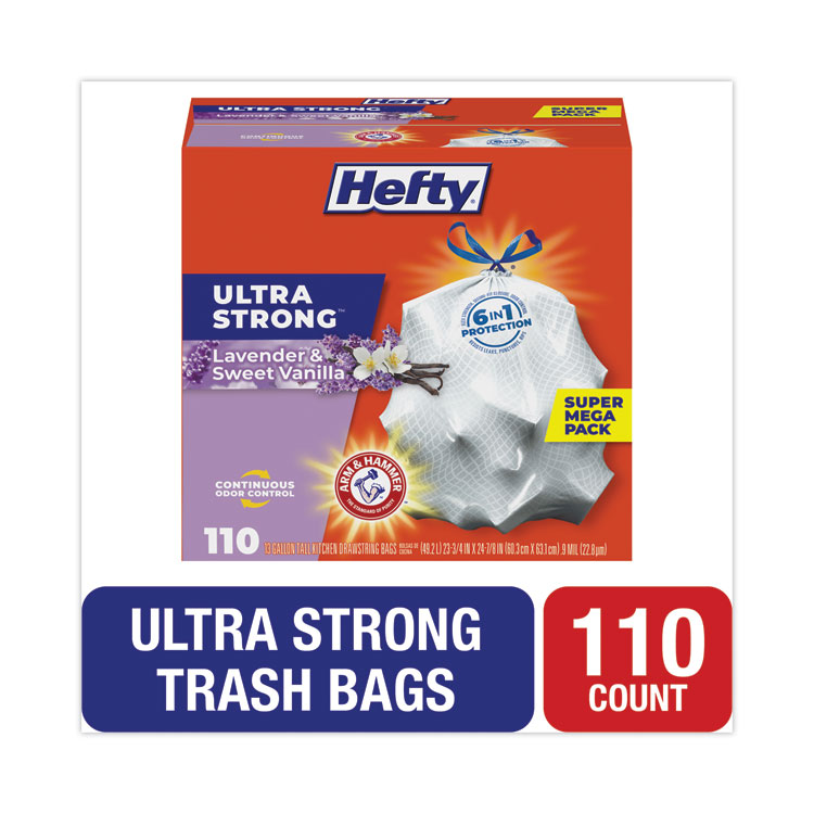 Hefty Extra Heavy-Duty Ultra Strong Scented Tall Kitchen Bags, Drawstring, 13 gal, Lavender/Vanilla, 23.75 x 24.88, White, 110/Box (PCTE88366)