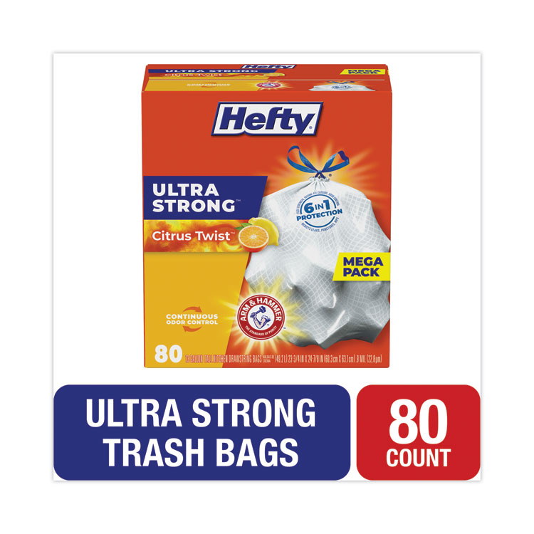 Hefty Extra Heavy-Duty Ultra Strong Scented Tall Kitchen Bags, Drawstring, 13 gal, Citrus Twist, 23.75" x 24.88", White, 80/Box (PCTE88354)