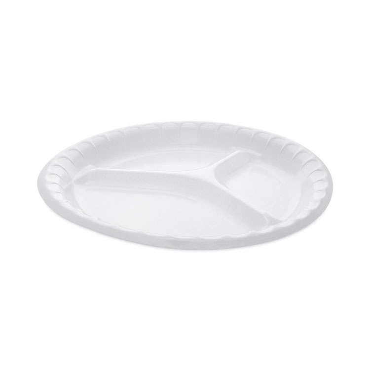 Pactiv Evergreen Placesetter Deluxe Laminated Foam Dinnerware, 3-Compartment Plate, 10.25" dia, White, 540/Carton (PCT0TK10044000Y)