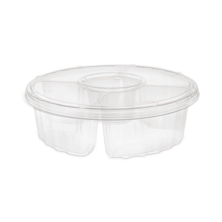 Pactiv Evergreen Dip Cup Platter, 4 Compartments, 64 oz, 10" Diameter, Clear, Plastic, 100/Carton (PCT1064DP4CLRL)