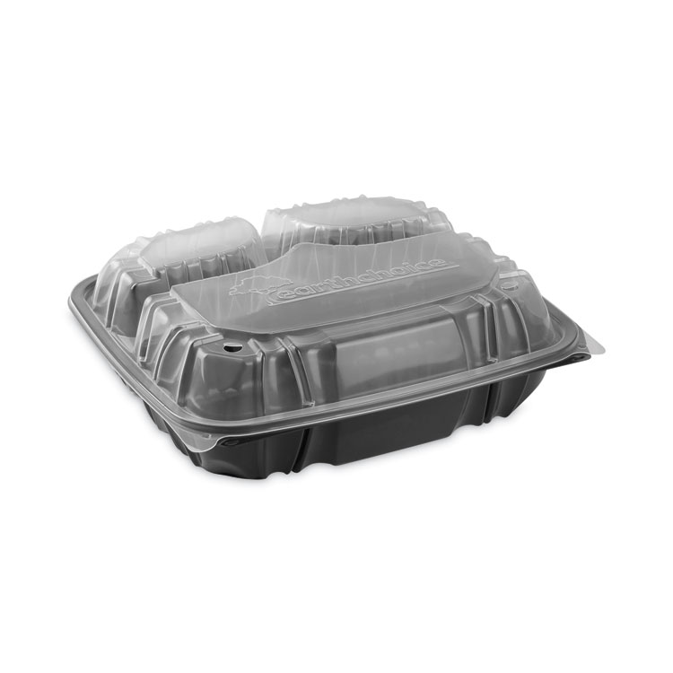 Pactiv Evergreen EarthChoice Vented Dual Color Microwavable Hinged Lid Container, 3-Compartment Base/Lid, 34 oz, Black/Clear, Plastic, 132/CT (PCTDC109330B000)