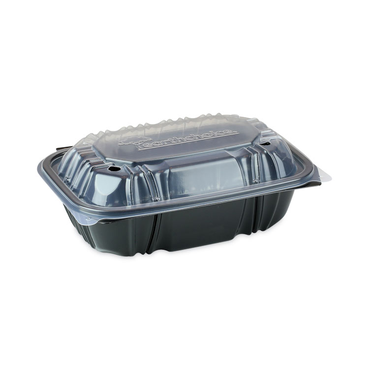 Pactiv Evergreen EarthChoice Vented Dual Color Microwavable Hinged Lid Container, 34 oz, 9 x 6 x 3, Black/Clear, Plastic, 140/Carton (PCTDC961000B000)