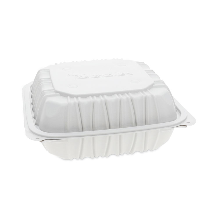 Pactiv Evergreen EarthChoice Vented Microwavable MFPP Hinged Lid Container, 8.5 x 8.5 x 3.1, White, Plastic, 146/Carton (PCTYCNW0851)