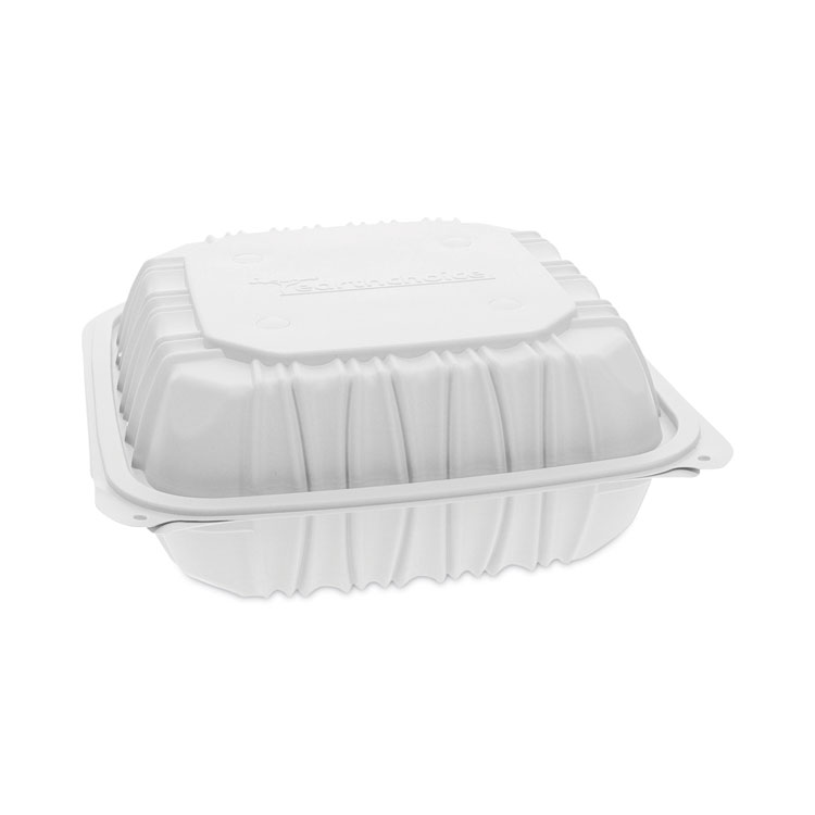 Pactiv Evergreen EarthChoice Vented Microwavable MFPP Hinged Lid Container, 3 Compartments, 8.5 x 8.5 x 3.1, White, Plastic, 146/Carton (PCTYCNW0853)