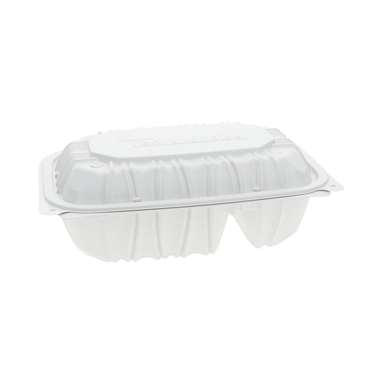 Pactiv Evergreen EarthChoice Vented Microwavable MFPP Hinged Lid Container, 2 Compartments, 9 x 6 x 3.1, White, Plastic, 170/Carton (PCTYCNW02052)