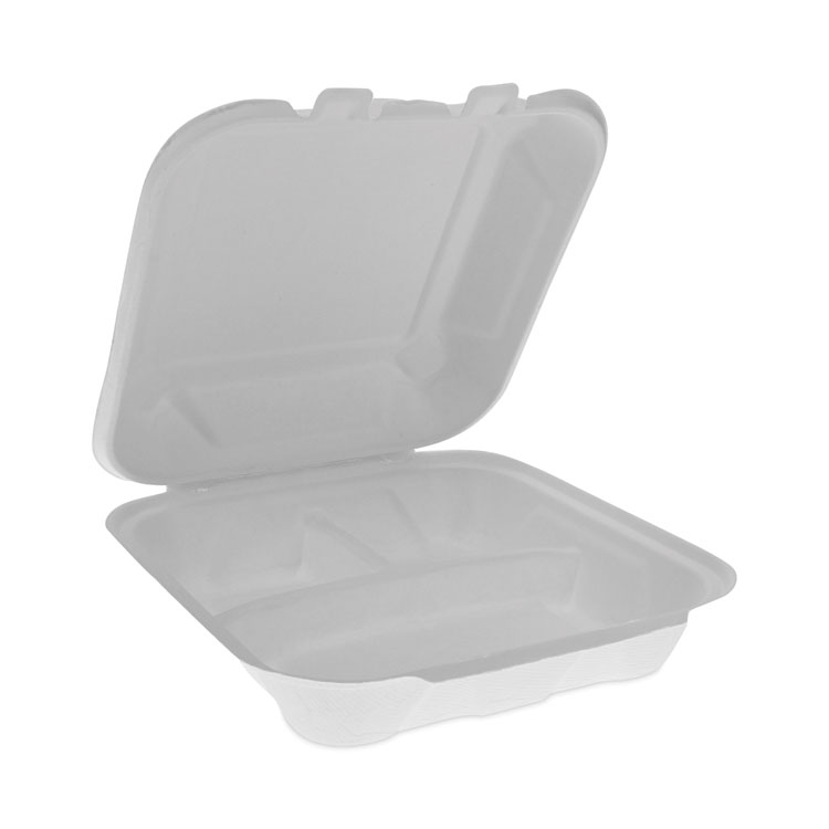 Pactiv Evergreen EarthChoice Bagasse Hinged Lid Container, 3 Compartments, Dual Tab Lock, 7.8 x 7.8 x 2.8, Natural, Sugarcane, 150/Carton (PCTYMCH08030001)
