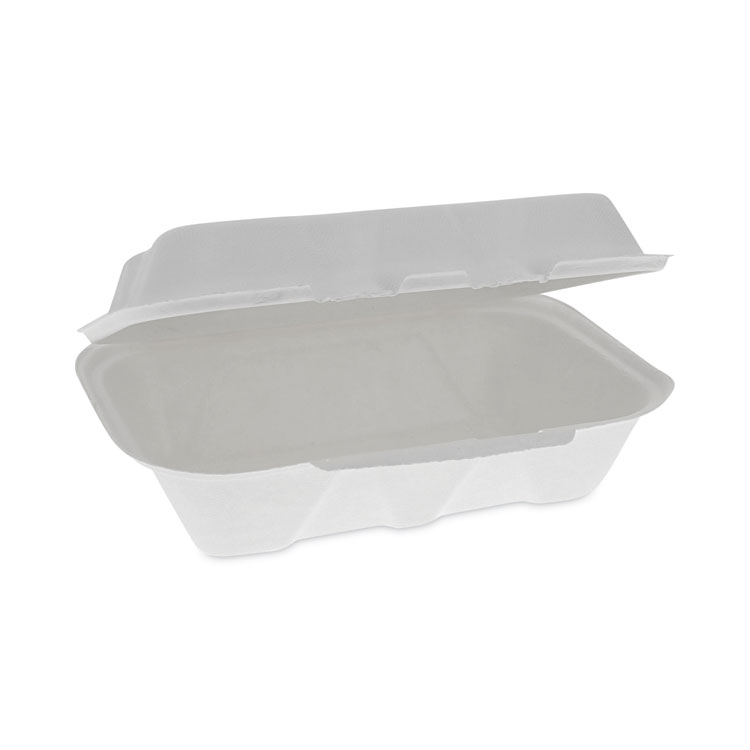 Pactiv Evergreen EarthChoice Bagasse Hinged Lid Container, Dual Tab Lock, 9.1 x 6.1 x 3.3, Natural, Sugarcane, 150/Carton (PCTYMCH00890001)
