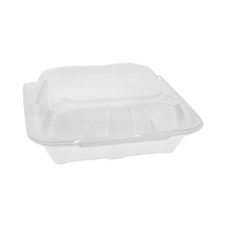 Pactiv Evergreen Vented Foam Hinged Lid Container, Dual Tab Lock Economy, 8.42 x 8.15 x 3, White, 150/Carton (PCTYTD18801ECON)