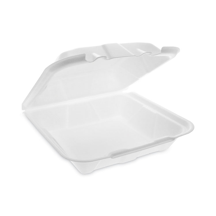 Pactiv Evergreen Vented Foam Hinged Lid Container, Dual Tab Lock Economy, 9.13 x 9 x 3.25, White, 150/Carton (PCTYTD19901ECON)
