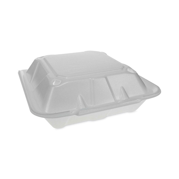 Pactiv Evergreen Vented Foam Hinged Lid Container, Dual Tab Lock Economy, 3 Compartments, 9.13 x 9 x 3.25, White, 150/Carton (PCTYTD19903ECON)