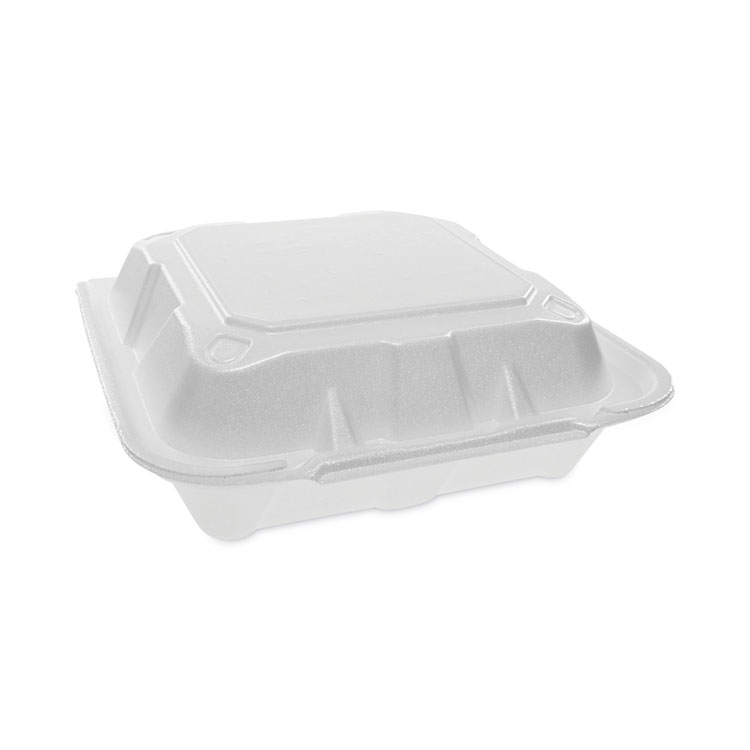 Pactiv Evergreen Vented Foam Hinged Lid Container, Dual Tab Lock, 8.42 x 8.15 x 3, White, 150/Carton (PCTYTD188010000)