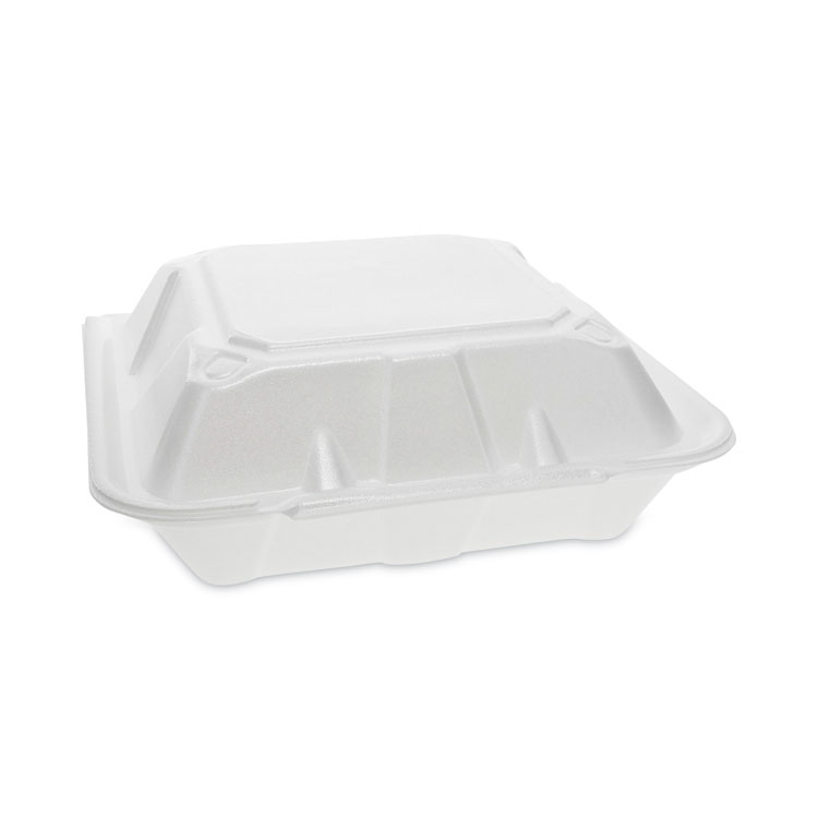 Pactiv Evergreen Vented Foam Hinged Lid Container, Dual Tab Lock, 3 Compartments, 9.13 x 9 x 3.25, White, 150/Carton (PCTYTD199030000)