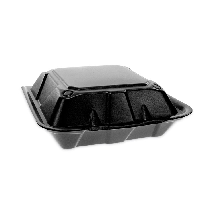 Pactiv Evergreen Vented Foam Hinged Lid Container, Dual Tab Lock, 9 x 9 x 3.25, Black, 150/Carton (PCTYTDB99010000)