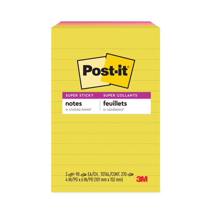 Post-it Notes Super Sticky Note Pads in Summer Joy Collection Colors, 4" x 6", Note Ruled, Summer Joy Collection Colors, 90 Sheets/Pad, 3 Pads/Pack (MMM6603SSJOY)