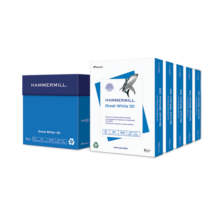 Hammermill Great White 30 Recycled Print Paper, 92 Bright, 20 lb Bond Weight, 8.5 x 11, White, 500 Sheets/Ream, 5 Reams/Carton (HAM86710)