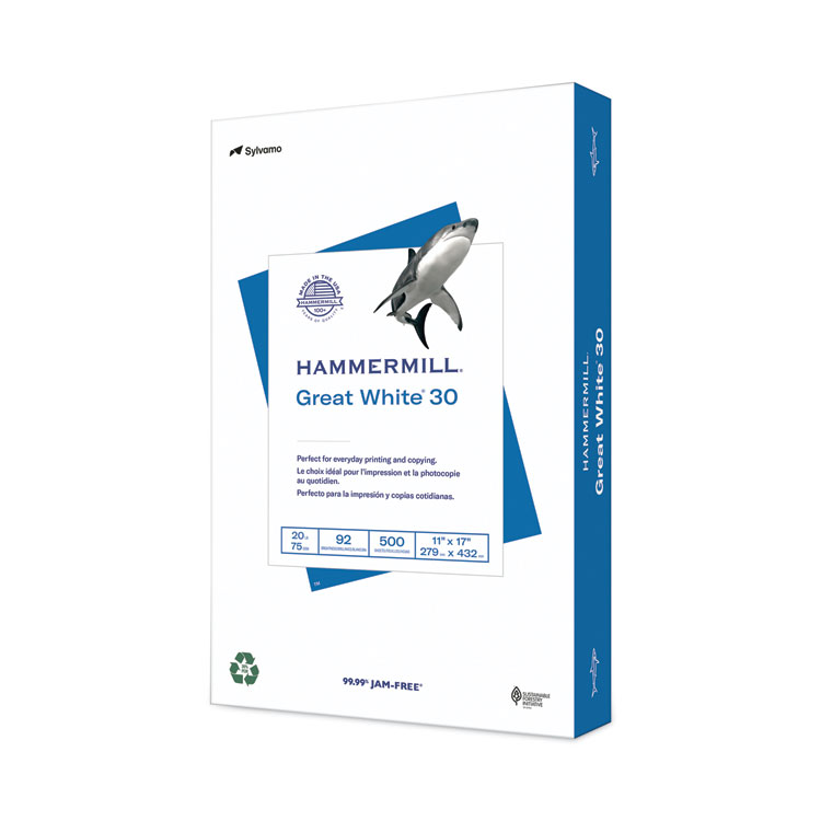 Hammermill Great White 30 Recycled Print Paper, 92 Bright, 20 lb Bond Weight, 11 x 17, White, 500/Ream (HAM86750)