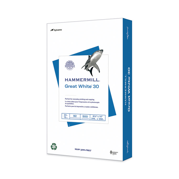 Hammermill Great White 30 Recycled Print Paper, 92 Bright, 20 lb Bond Weight, 8.5 x 14, White, 500/Ream (HAM86704)