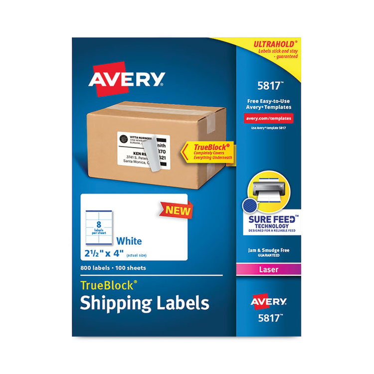 Avery Shipping Labels with TrueBlock Technology, Laser Printers, 2.5 x 4, White, 8/Sheet, 100 Sheets/Pack (AVE5817)