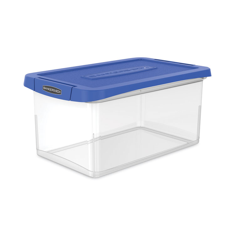 Bankers Box Latch Lid Storage Bin, 22.38" x 14.19" x 10.63", Clear/Blue (FEL86101)