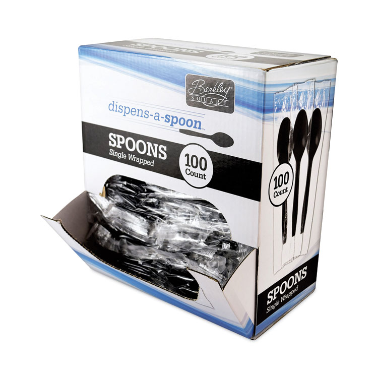 Berkley Square Dispens-a Spoon, Individually Wrapped, Mediumweight Spoon, Plastic, Black, 100/Box (BSQBEP90206)