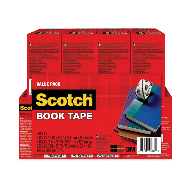 Scotch Book Tape Value Pack, 3" Core, (2) 1.5" x 15 yds, (4) 2" x 15 yds, (2) 3" x 15 yds, Clear, 8/Pack (MMM845VP)