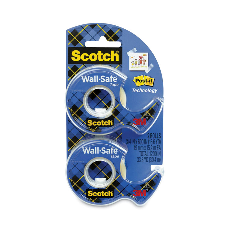 Scotch Wall-Safe Tape with Dispenser, 1" Core, 0.75" x 50 ft, Clear, 2/Pack (MMM183DM2)