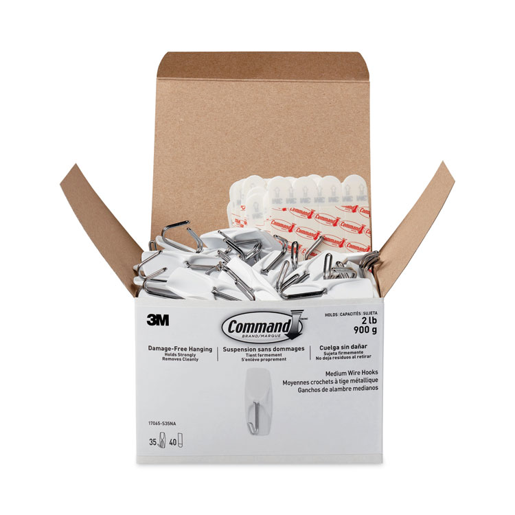 Command General Purpose Hooks, Medium, Metal, White, 2 lb Capacity, 35 Hooks and 40 Strips/Pack (MMM17065S35NA)