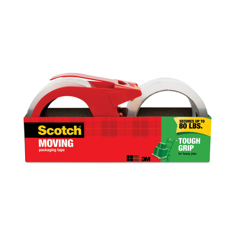 Scotch Tough Grip Moving Packaging Tape with Dispenser, 3" Core, 1.88" x 38.2 yds, Clear, 2/Pack (MMM3500S21RD)
