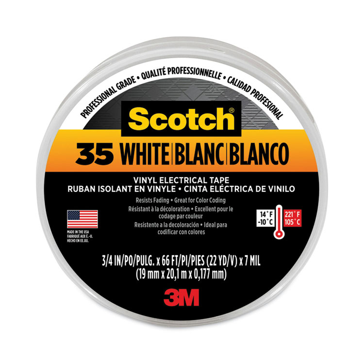 Scotch Scotch 35 Vinyl Electrical Color Coding Tape, 3" Core, 0.75" x 66 ft, White (MMM10828)