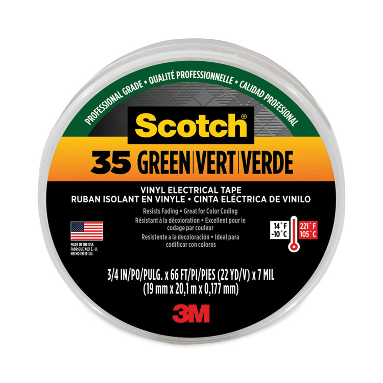 Scotch Scotch 35 Vinyl Electrical Color Coding Tape, 3" Core, 0.75" x 66 ft, Green (MMM10851)