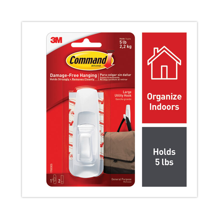 Command General Purpose Hooks, Large, Plastic, White, 5 lb Capacity, 1 Hook and 2 Strips/Pack (MMM17003ES)