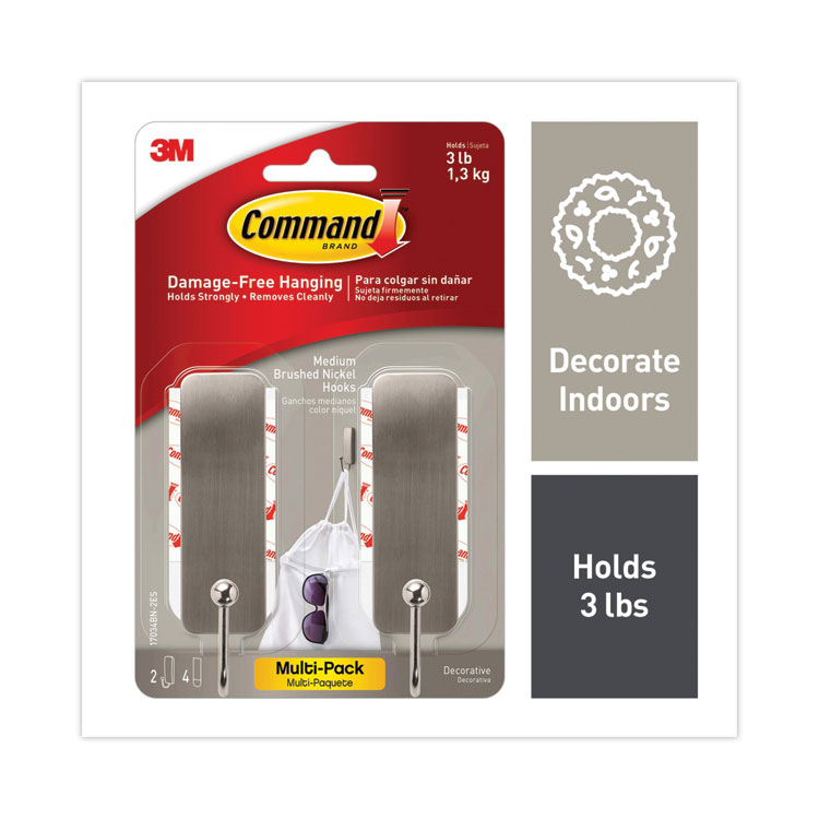 Command Decorative Hooks, Medium, Metal, Brushed Nickel, 3 lb Capacity, 2 Hooks and 4 Strips/Pack (MMM17034BN2ES)