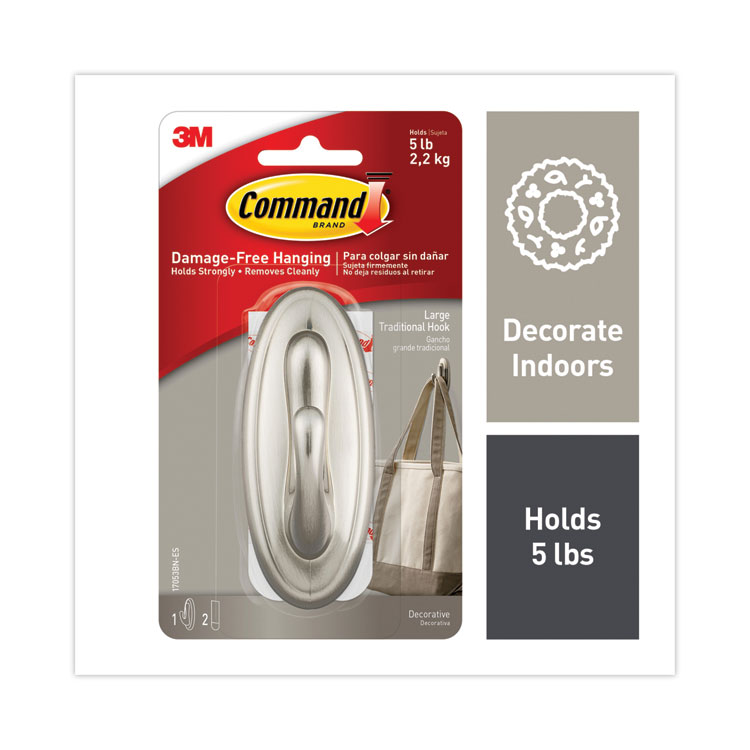 Command Decorative Hooks, Traditional, Large, Plastic, Silver, 5 lb Capacity, 1 Hook and 2 Strips/Pack (MMM17053BNES)