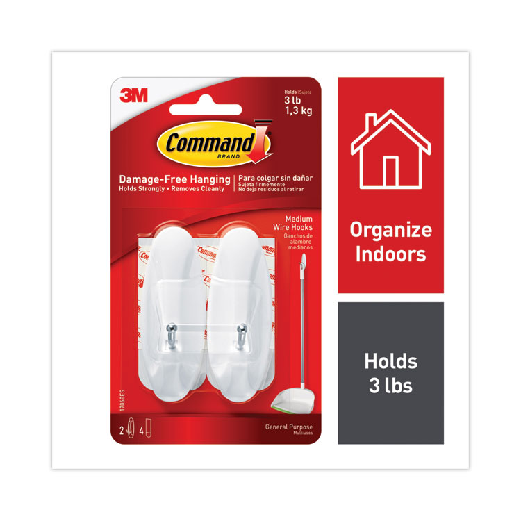 Command General Purpose Wire Hooks, Medium, Metal, White, 3 lb Capacity, 2 Hooks and 4 Strips/Pack (MMM17068ES)