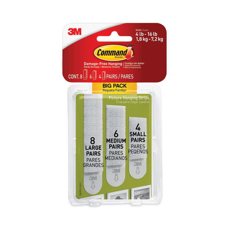 Command Picture Hanging Strips Big Pack, Removable, (4) Small, (6) Medium, (8) Large, White, 18 Pairs/Pack (MMM17211BPES)