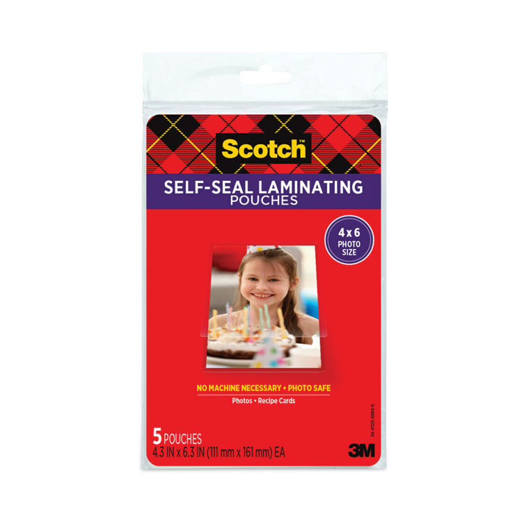 Scotch Self-Sealing Laminating Pouches, 9.5 mil, 4.38" x 6.38", Gloss Clear, 5/Pack (MMMPL900G)