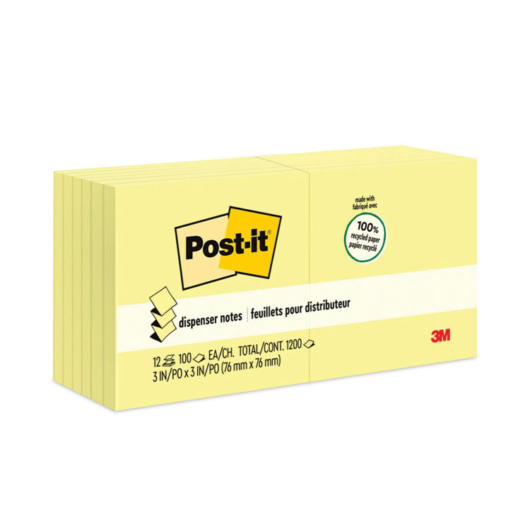 Post-it Greener Notes Original Recycled Pop-up Notes, 3" x 3", Canary Yellow, 100 Sheets/Pad, 12 Pads/Pack (MMMR330RP12YW)