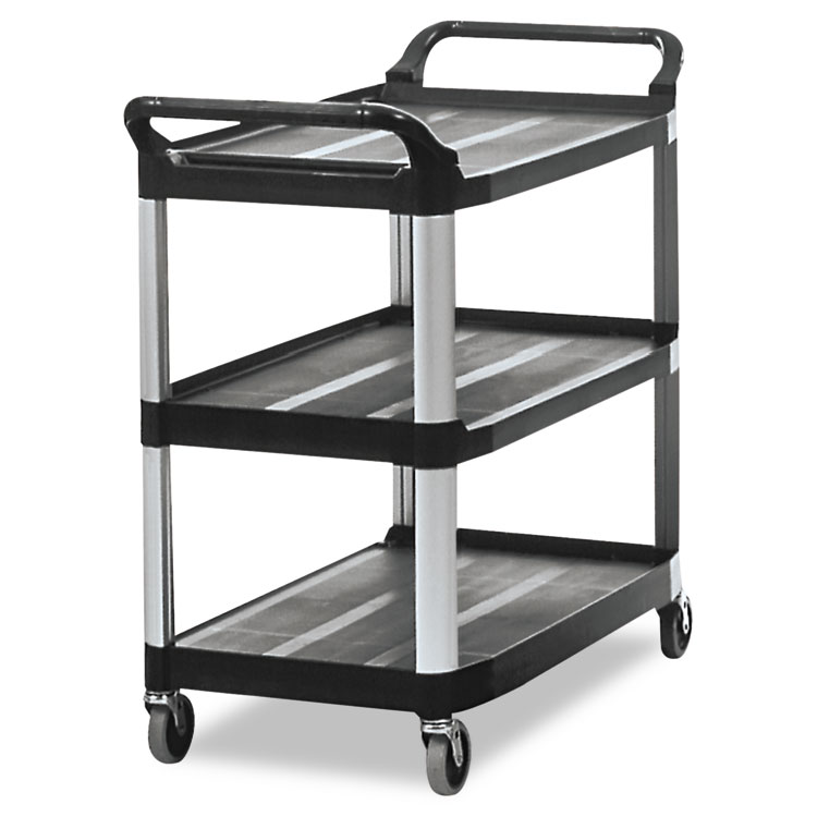 Rubbermaid Commercial Xtra Utility Cart with Open Sides, Plastic, 3 Shelves, 300 lb Capacity, 40.63" x 20" x 37.81", Black (RCP409100BLA)