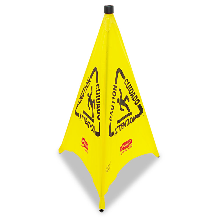 Rubbermaid Commercial Multilingual Pop-Up Wet Floor Safety Cone, 21 x 21 x 30, Yellow (RCP9S0100YL)