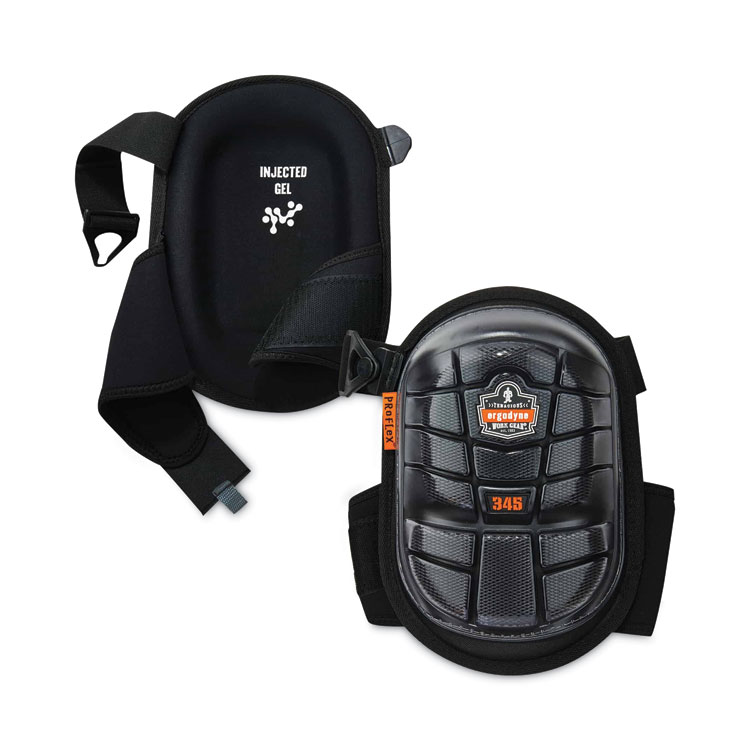 ergodyne ProFlex 345 Injected Gel Knee Pads, Long Cap, Hook and Loop Closure, One Size Fits Most, Black, Pair (EGO18445)
