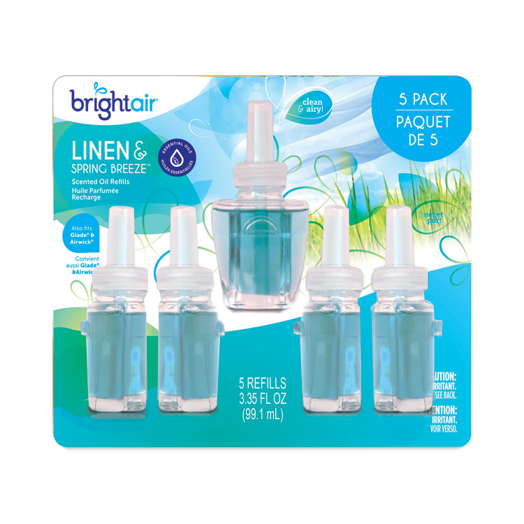 BRIGHT Air Electric Scented Oil Air Freshener Refill, Linen and Spring Breeze, 0.67 oz Bottle, 5/Pack (BRI900669)